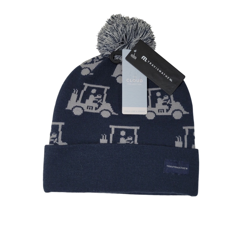 Travis Mathew Mapes Beanie Hat Men Blue Golf Cart Pom Knit Soft Unisex Winter